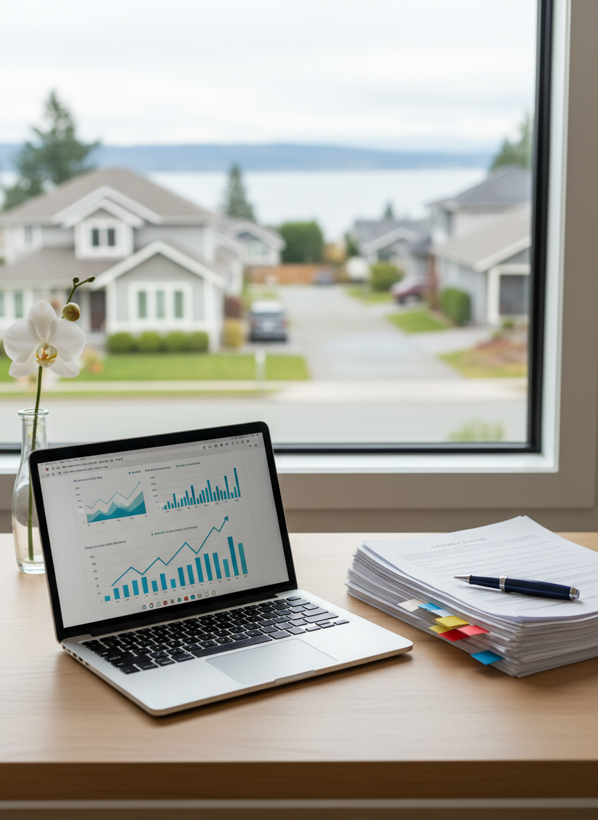 A modern, organized home office desk representing a mortgage loan officer’s workspace, featuring a sleek silver laptop displaying abstract charts, a neat stack of printed loan documents with color-coded tabs, and a stylish navy-and-wood pen resting on top. A slim glass vase holding a single white flower adds a refined touch. Behind the desk, a large window reveals a quiet Northshore neighborhood with tidy homes and distant water. Soft diffused daylight fills the room, producing minimal shadows and a clean, professional atmosphere. Shot in photographic realism from a slightly elevated angle with a shallow depth of field, keeping the desk in crisp focus and the neighborhood subtly blurred, suggesting personalized, client-first mortgage planning.