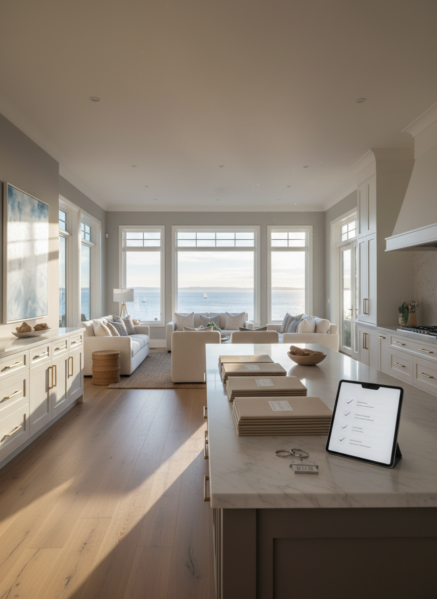 An elegant open-concept living room and kitchen in a Northshore coastal home, with light oak flooring, soft gray walls, and expansive windows revealing a hint of blue water and sailboats outside. On a central island, neatly arranged mortgage folders, a tablet showing a simple home-approval checklist, and a keyring with a small house-shaped charm suggest a recent closing, with no visible text. Warm golden-hour sunlight streams through the windows, casting gentle, elongated shadows and a cozy glow across the space. Photographic realism, wide-angle lens with strong depth of field, composed using the rule of thirds. The atmosphere is reassuring and aspirational, symbolizing the outcome of smooth, professional lending guidance.