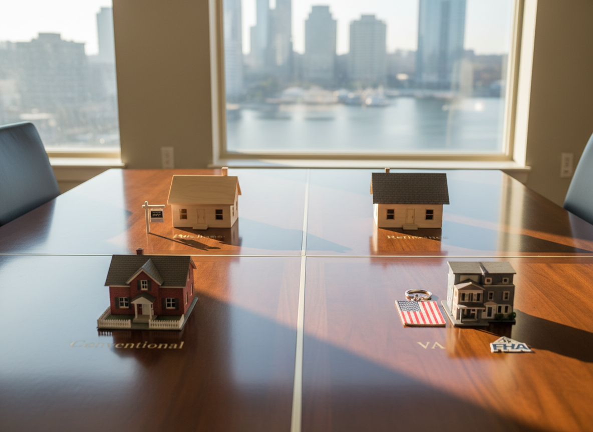 A polished wooden conference table neatly divided into four sections, each visually representing a loan type: a small model starter home for Purchase, a miniature house with a refreshed roof for Refinance, a traditional brick home for Conventional, a cozy townhouse for FHA, and a small patriotic-themed keychain near a modest home for VA. No text labels are used, only visual cues. Natural daylight from large windows creates a bright, even illumination with soft shadows. The background shows an out-of-focus Northshore waterfront skyline. Photographic realism, shot from above at a three-quarter angle, with balanced composition and sharp detail, conveying clear, structured mortgage options without clutter.